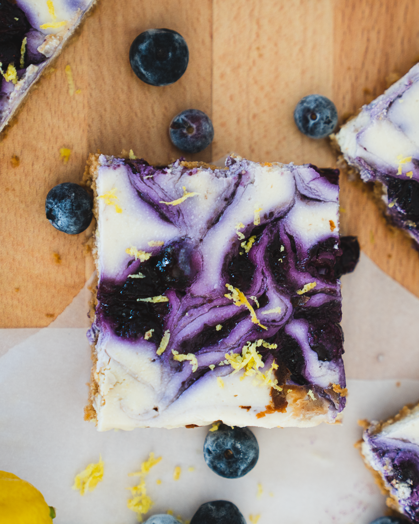 Blueberry Lemon Protein Cheesecake Bars